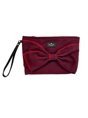 Kate Spade On Purpose Burgundy Canvas Bow Wristlet Clutch Red Piping Coquette